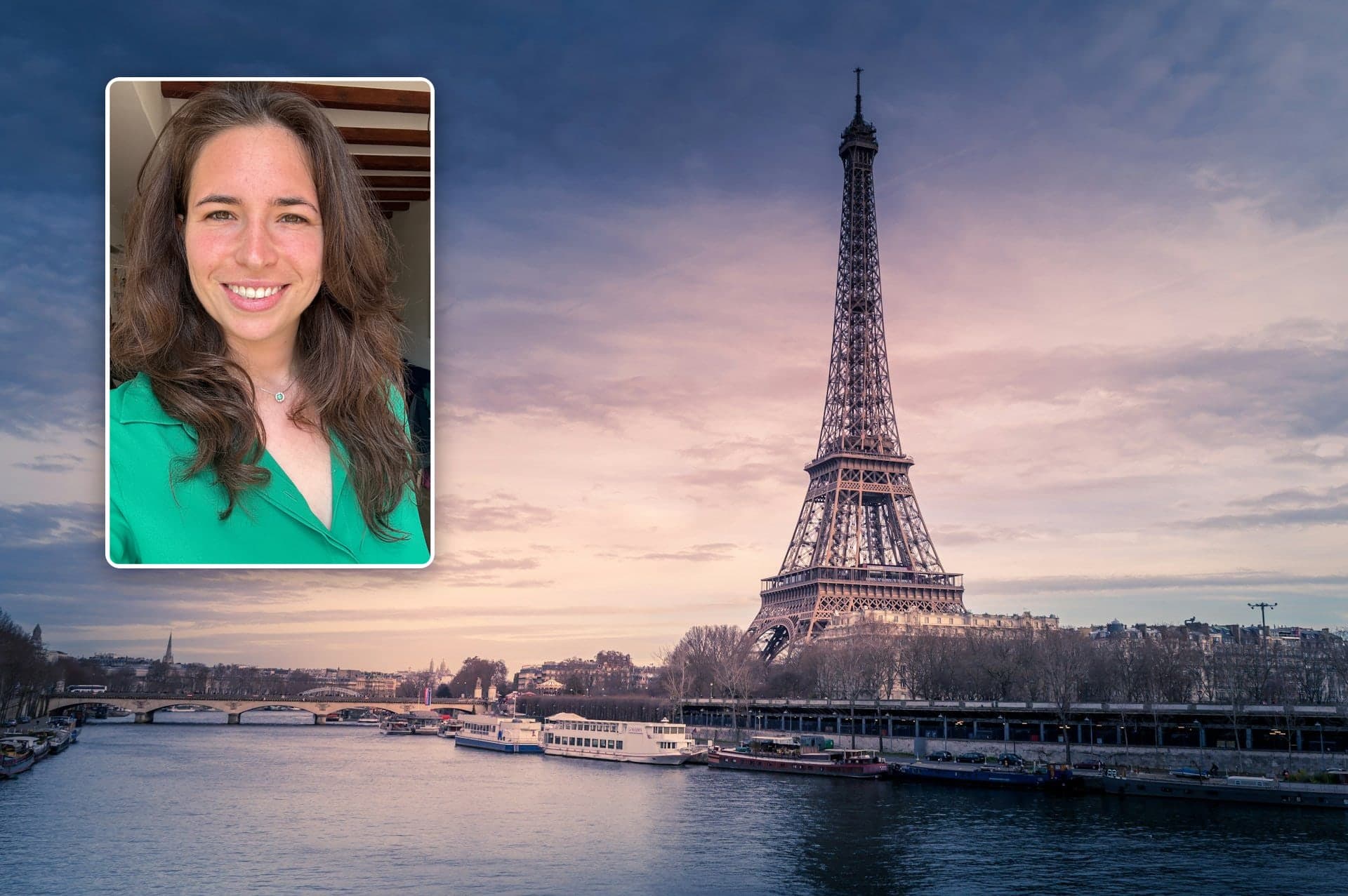 Magali, French Keys teacher, with the Eiffel Tower and the Seine at sunset